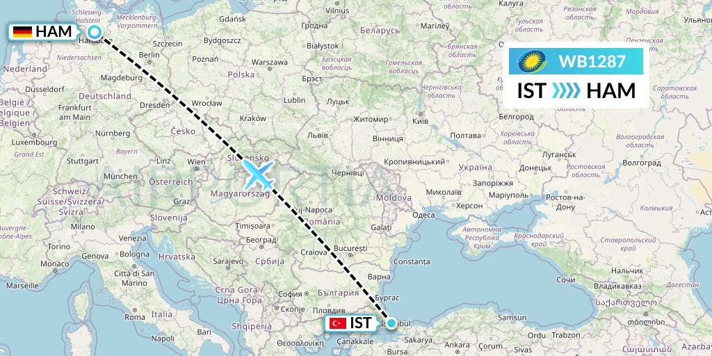 WB1287 RwandAir Flight Map: Istanbul to Hamburg