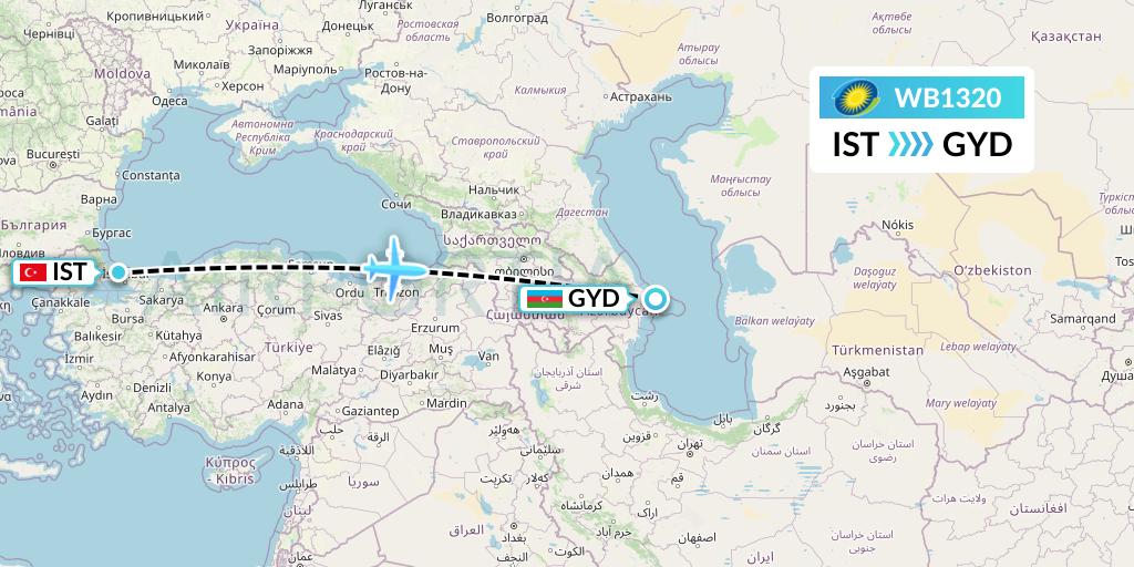 WB1320 RwandAir Flight Map: Istanbul to Baku