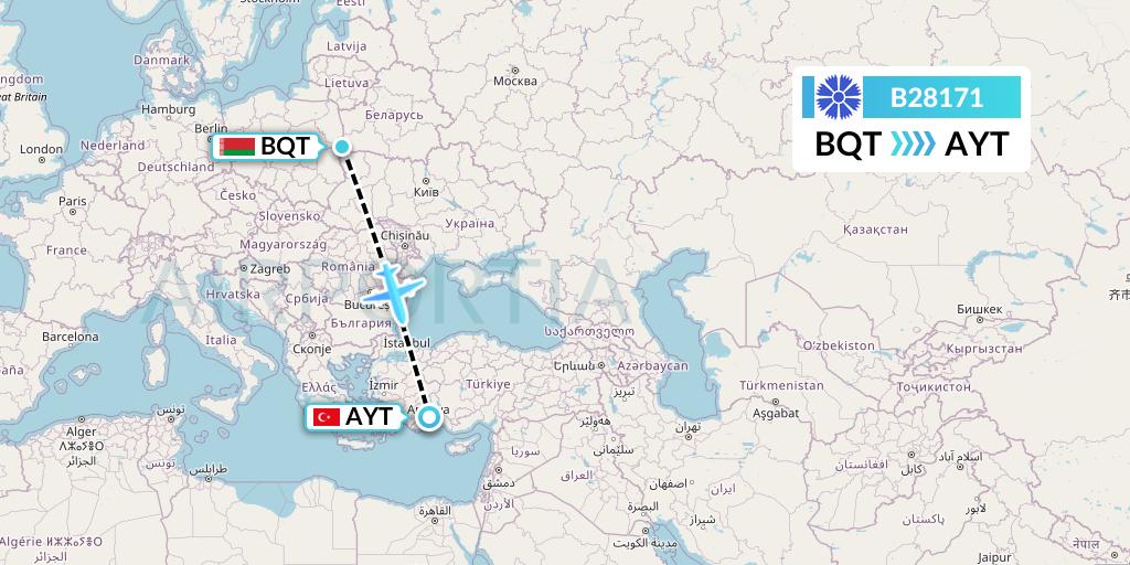 B28171 Belavia Flight Map: Brest to Antalya