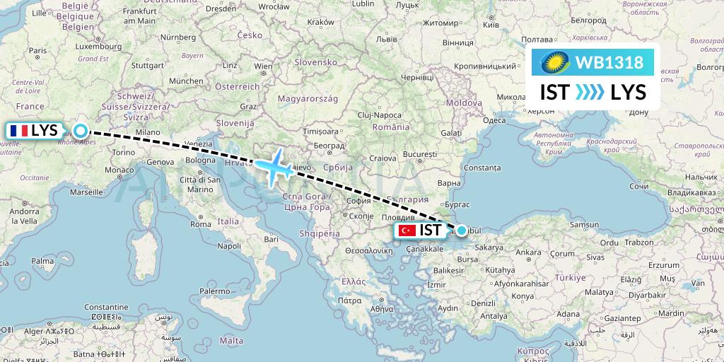 WB1318 RwandAir Flight Map: Istanbul to Lyon