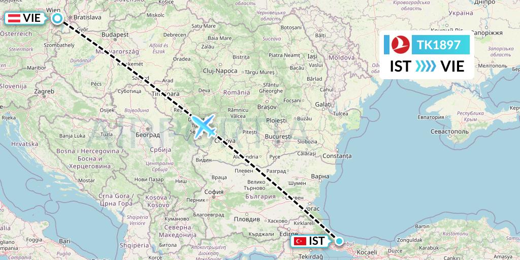 TK1897 Turkish Airlines Flight Map: Istanbul to Vienna