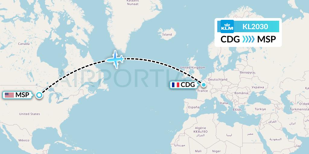 KL2030 KLM Flight Map: Paris to Minneapolis