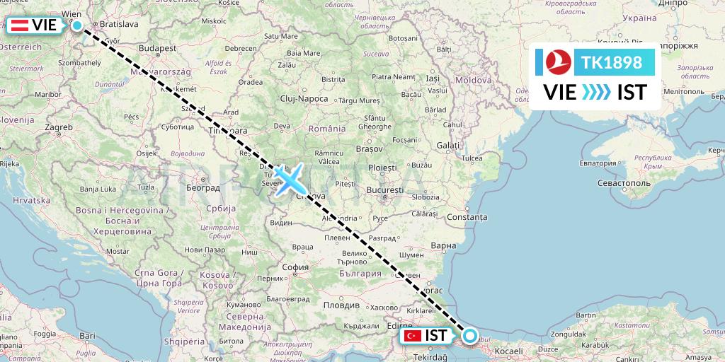 TK1898 Turkish Airlines Flight Map: Vienna to Istanbul