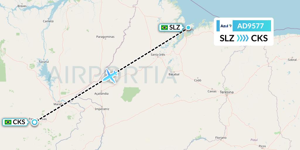 AD9577 Azul Brazilian Airlines Flight Map: Sao Luis to Carajas