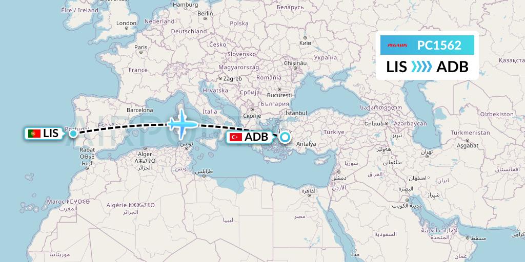 PC1562 Pegasus Airlines Flight Map: Lisbon to Izmir