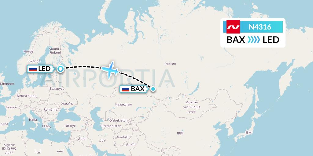 N4316 Nordwind Airlines Flight Map: Barnaul to St. Petersburg