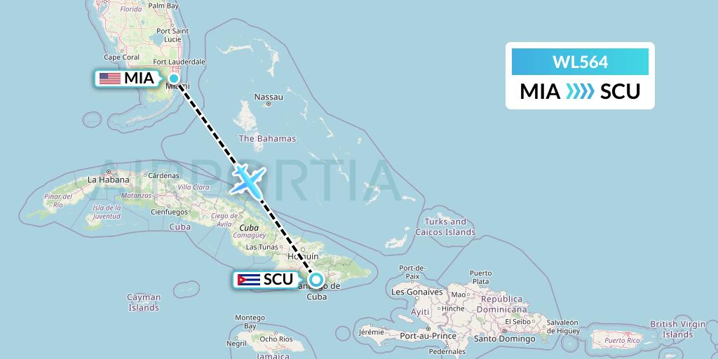 WL564 World Atlantic Airlines Flight Map: Miami to Santiago de Cuba