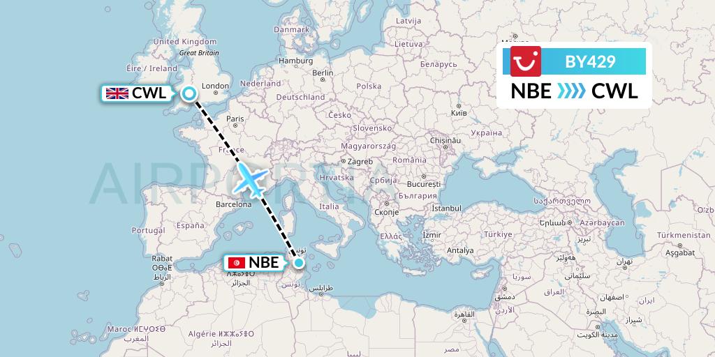BY429 TUI Airways Flight Map: Enfidha to Cardiff