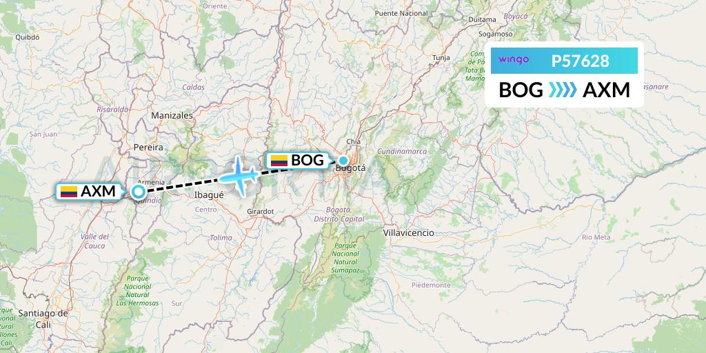 P57628 Copa Airlines Colombia Flight Map: Bogota to Armenia