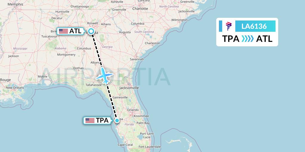 LA6136 LAN Airlines Flight Map: Tampa to Atlanta