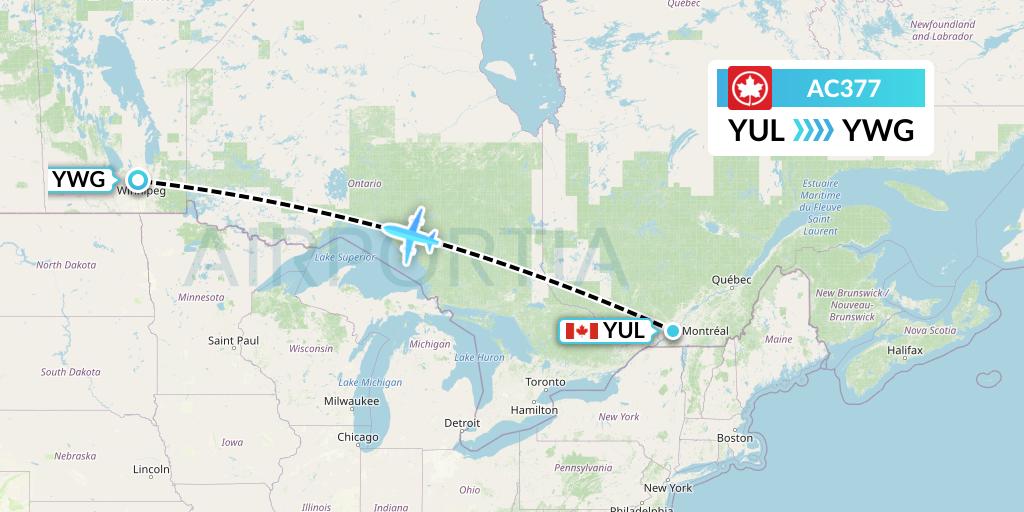 AC377 Air Canada Flight Map: Montreal to Winnipeg