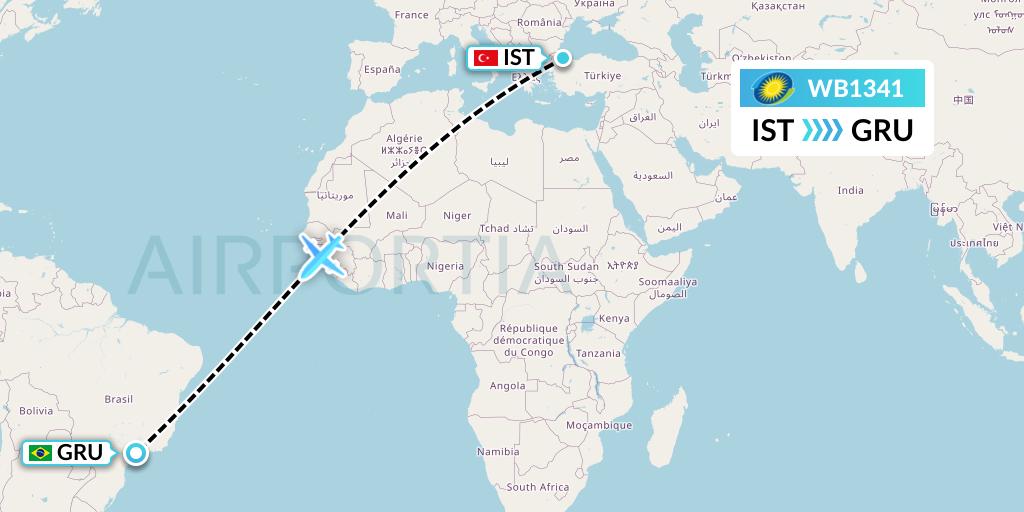 WB1341 RwandAir Flight Map: Istanbul to Sao Paulo