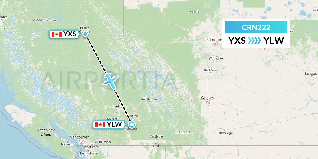 CRN222 Aerocaribbean Flight Map: Prince George to Kelowna