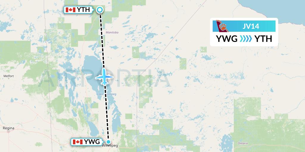 JV14 Bearskin Airlines Flight Map: Winnipeg to Thompson