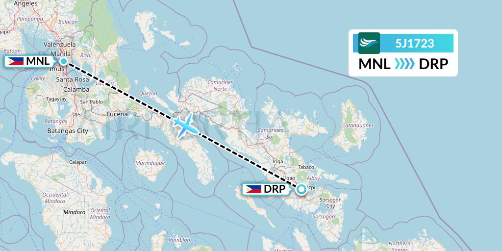 5J1723 CEBU Pacific Air Flight Map: Manila to Legazpi