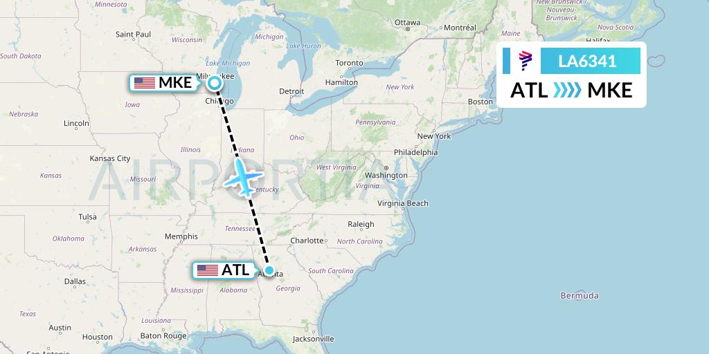 LA6341 LAN Airlines Flight Map: Atlanta to Milwaukee