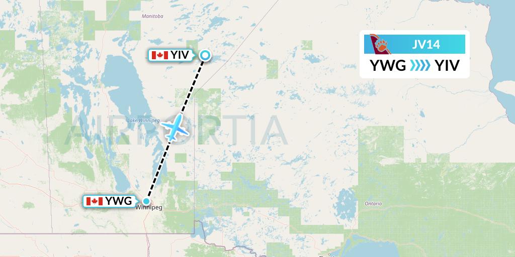 JV14 Bearskin Airlines Flight Map: Winnipeg to Island Lake