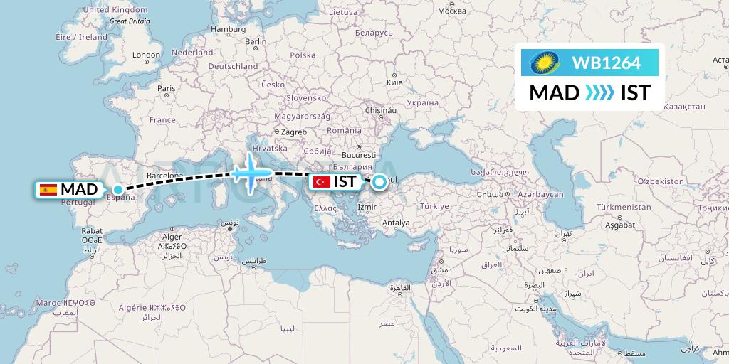 WB1264 RwandAir Flight Map: Madrid to Istanbul