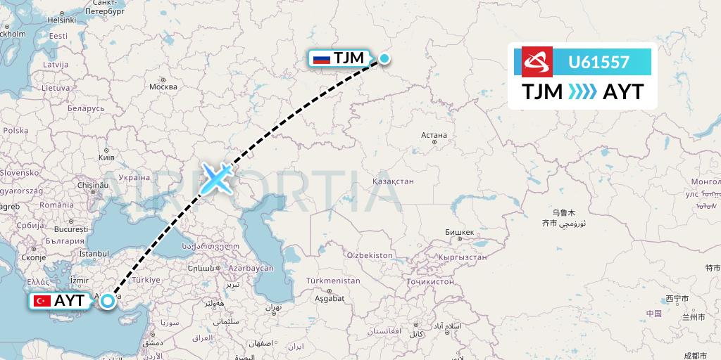 U61557 Ural Airlines Flight Map: Tyumen to Antalya