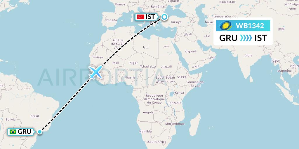 WB1342 RwandAir Flight Map: Sao Paulo to Istanbul