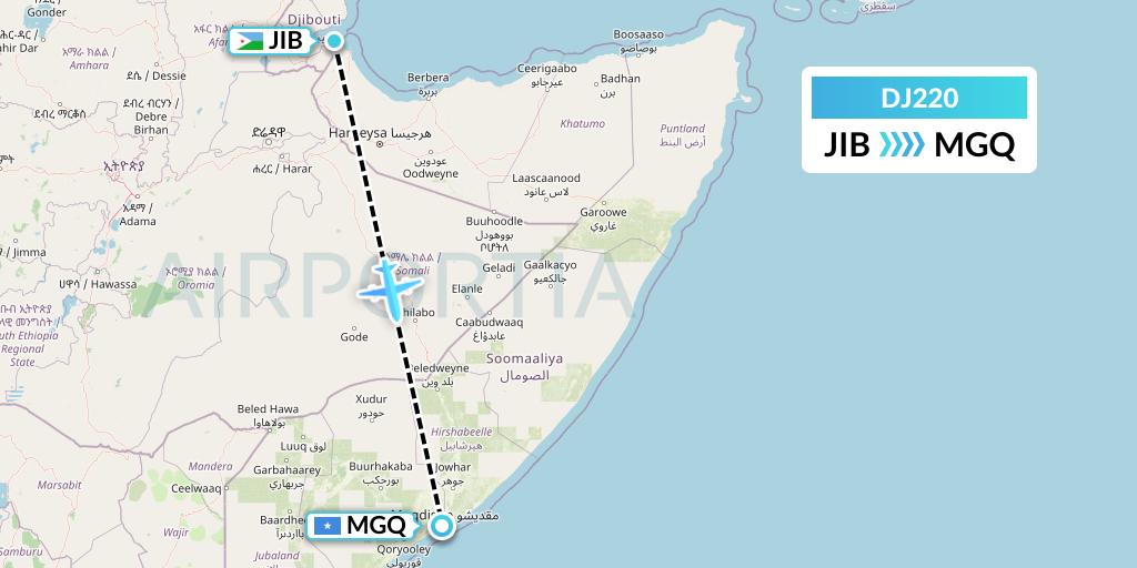 DJ220 Air Djibouti Flight Map: Djibouti to Mogadishu