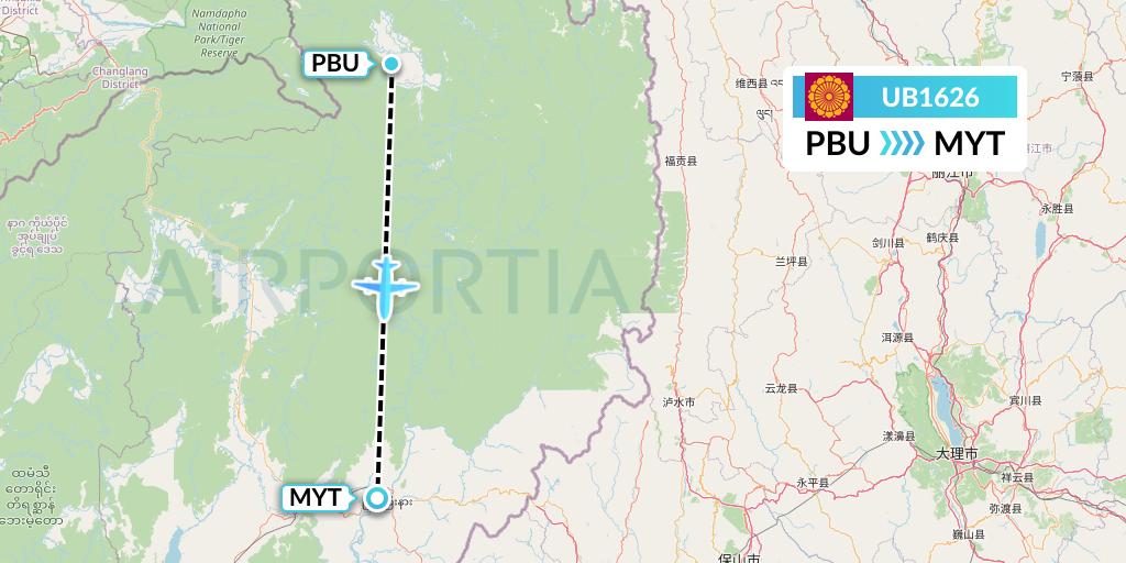 UB1626 Myanmar National Airlines Flight Map: Putao to Myitkyina