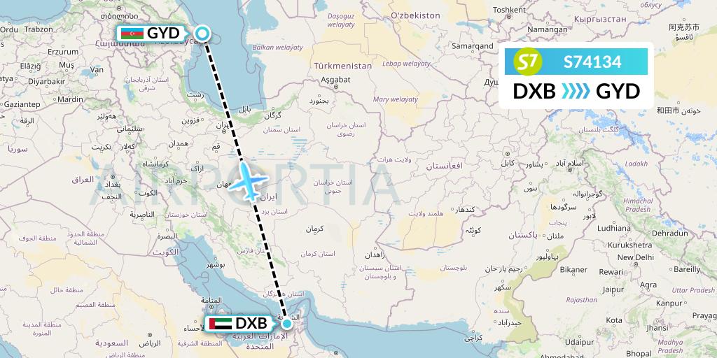S74134 S7 Airlines Flight Map: Dubai to Baku
