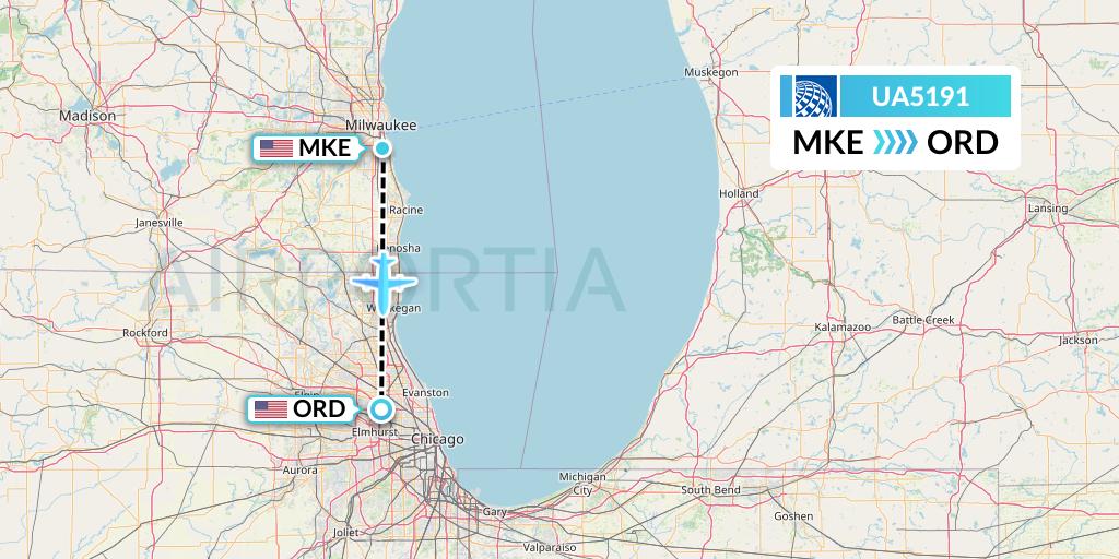 UA5191 United Airlines Flight Map: Milwaukee to Chicago