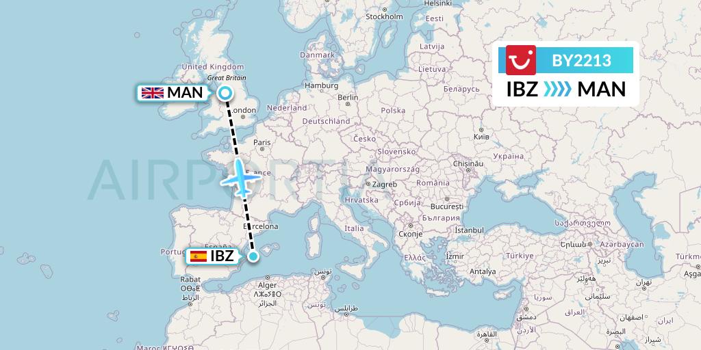 BY2213 TUI Airways Flight Map: Ibiza to Manchester