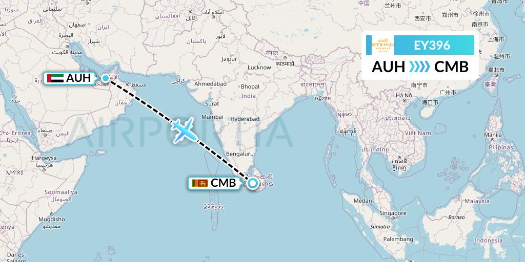 EY396 Etihad Airways Flight Map: Abu Dhabi to Colombo