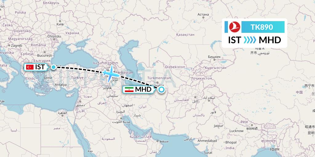 TK890 Turkish Airlines Flight Map: Istanbul to Mashhad