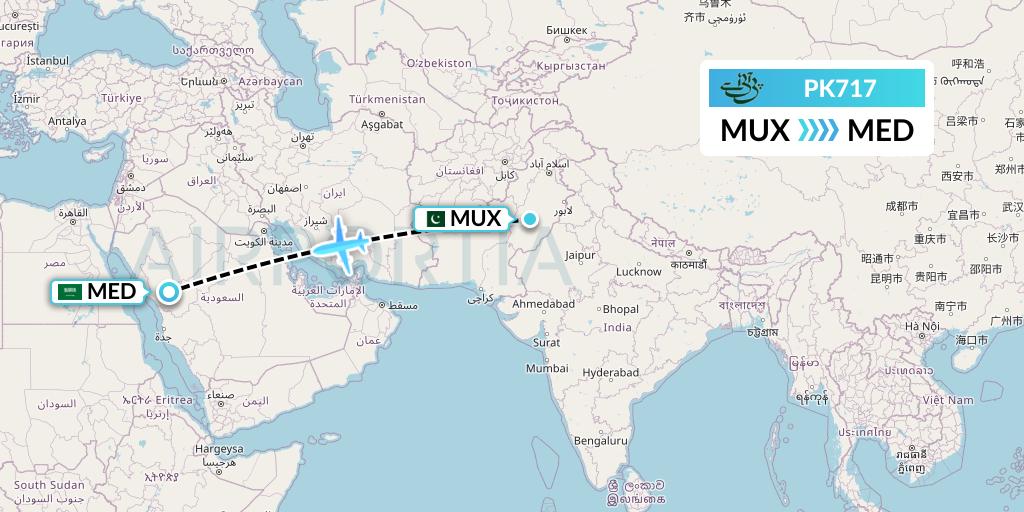 PK717 Pakistan International Airlines Flight Map: Multan to Medina