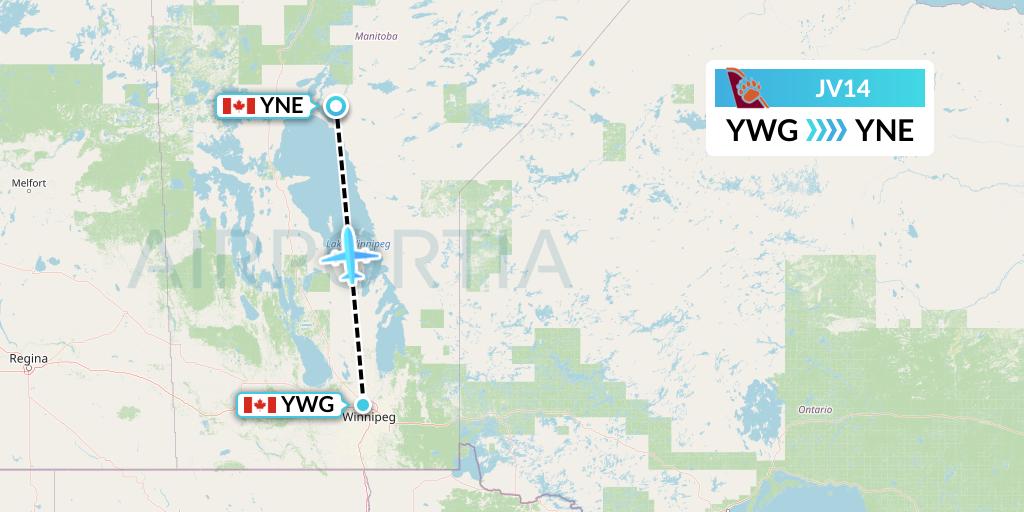JV14 Bearskin Airlines Flight Map: Winnipeg to Norway House