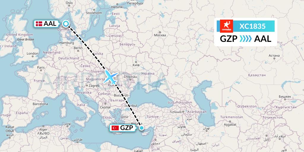 XC1835 Corendon Airlines Flight Map: Gazipasa to Aalborg