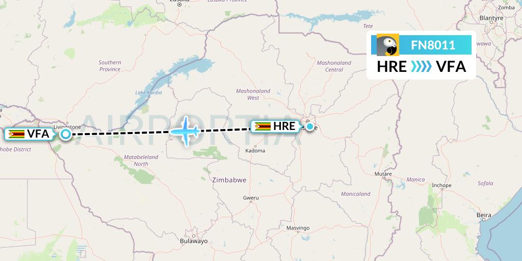FN8011 Fastjet Flight Map: Harare to Victoria Falls