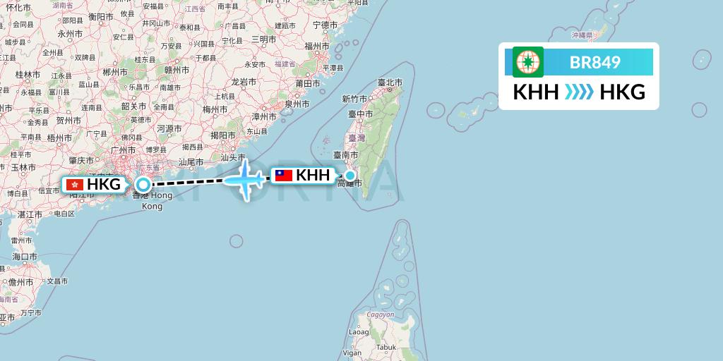 BR849 EVA Air Flight Map: Kaohsiung to Hong Kong