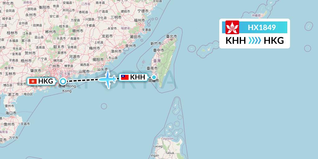 HX1849 Hong Kong Airlines Flight Map: Kaohsiung to Hong Kong
