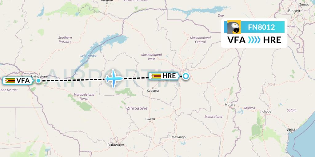 FN8012 Fastjet Flight Map: Victoria Falls to Harare