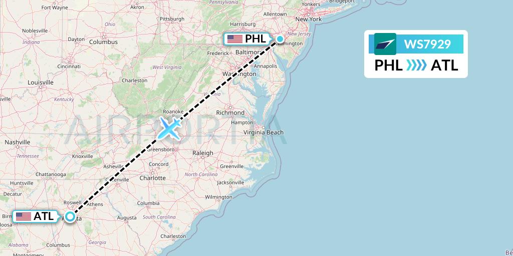 WS7929 WestJet Flight Map: Philadelphia to Atlanta
