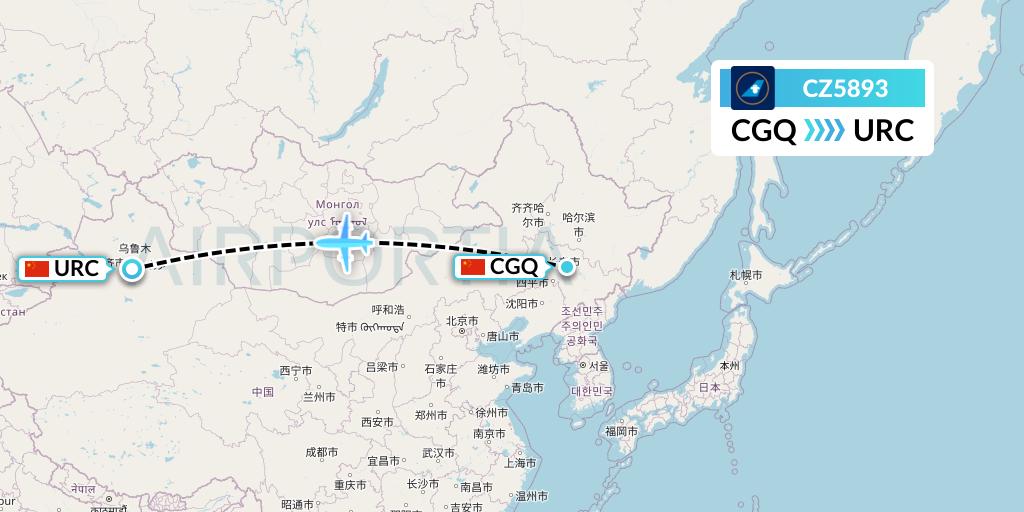 CZ5893 China Southern Airlines Flight Map: Changchun to Urumqi