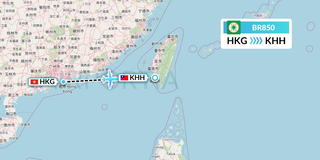 BR850 EVA Air Flight Map: Hong Kong to Kaohsiung