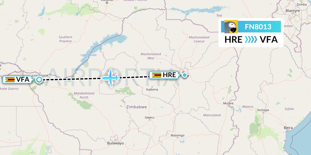 FN8013 Fastjet Flight Map: Harare to Victoria Falls