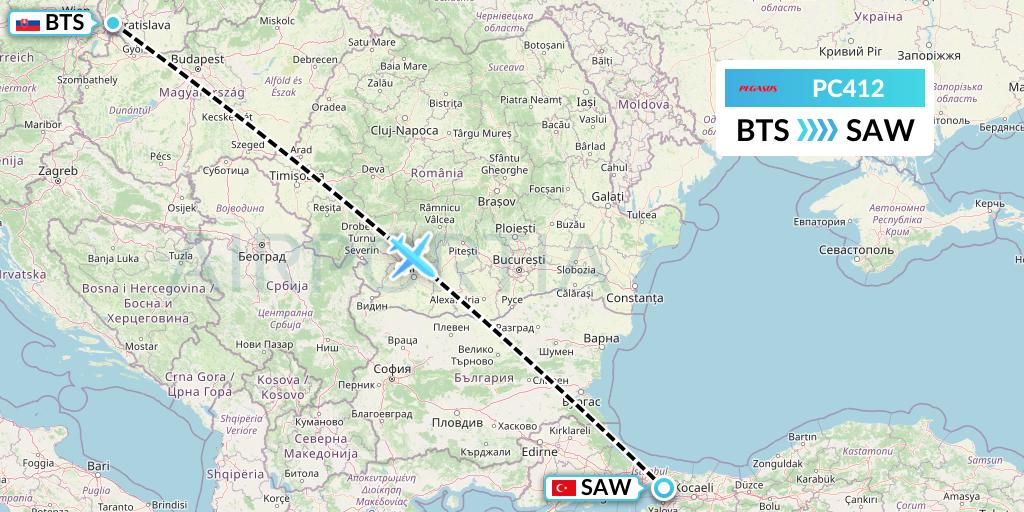 PC412 Pegasus Airlines Flight Map: Bratislava to Istanbul