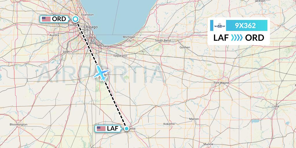 9X362 Southern Airways Express Flight Map: Lafayette to Chicago