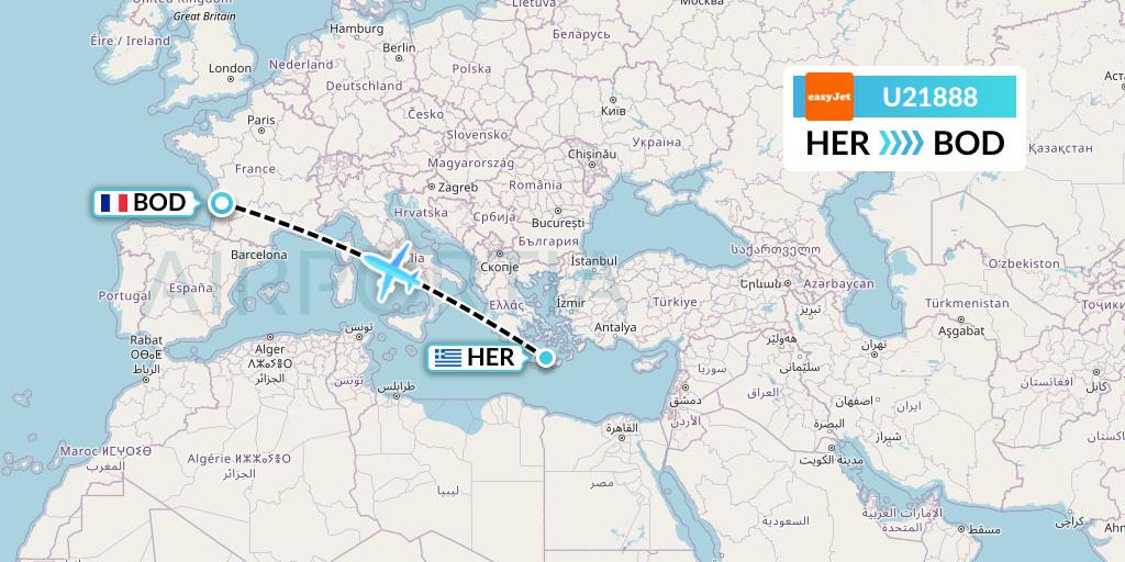 U21888 EasyJet Flight Map: Heraklion to Bordeaux
