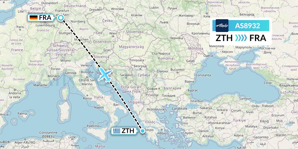 AS8932 Alaska Airlines Flight Map: Zakynthos to Frankfurt