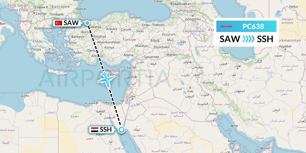 PC638 Pegasus Airlines Flight Map: Istanbul to Sharm el-Sheikh