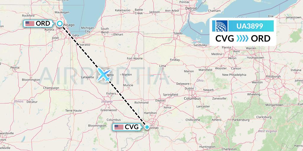 UA3899 United Airlines Flight Map: Cincinnati to Chicago