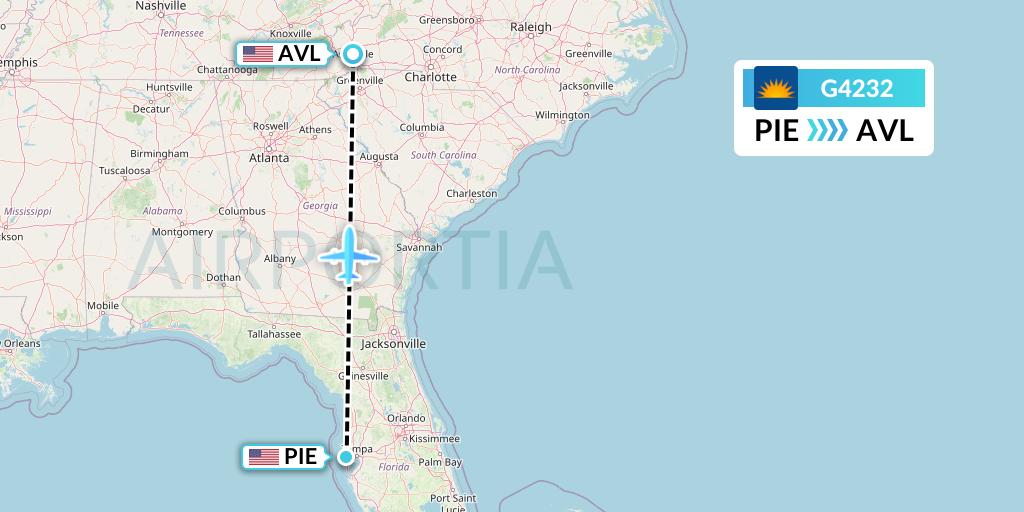 G4232 Allegiant Air Flight Map: St. Petersburg to Asheville