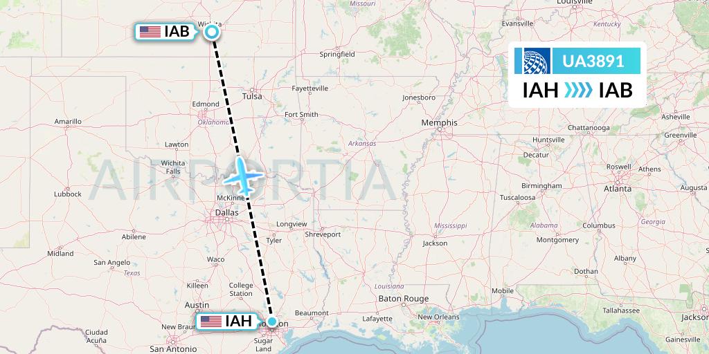 UA3891 United Airlines Flight Map: Houston to Wichita